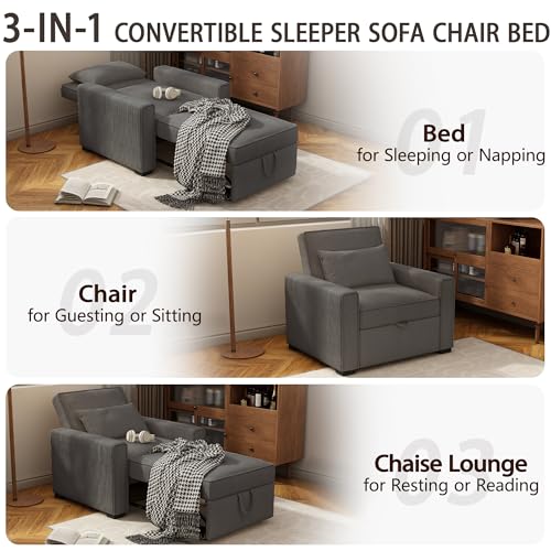 3 in 1 Convertible Sofa Bed with Throw Pillow, Corduroy, Beige N552536