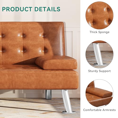 Futon Sofa Bed with Removable Armrests and Cup Holders, Black F343081