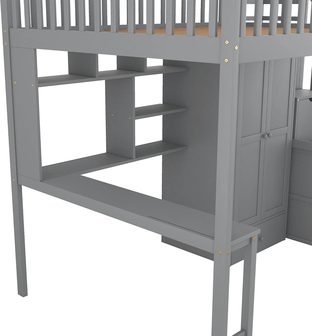Full Size Loft Bed with Stairs, Desk, Bookshelf, Storage Drawers and Wardrobe, Solid Wood Frame Y463750