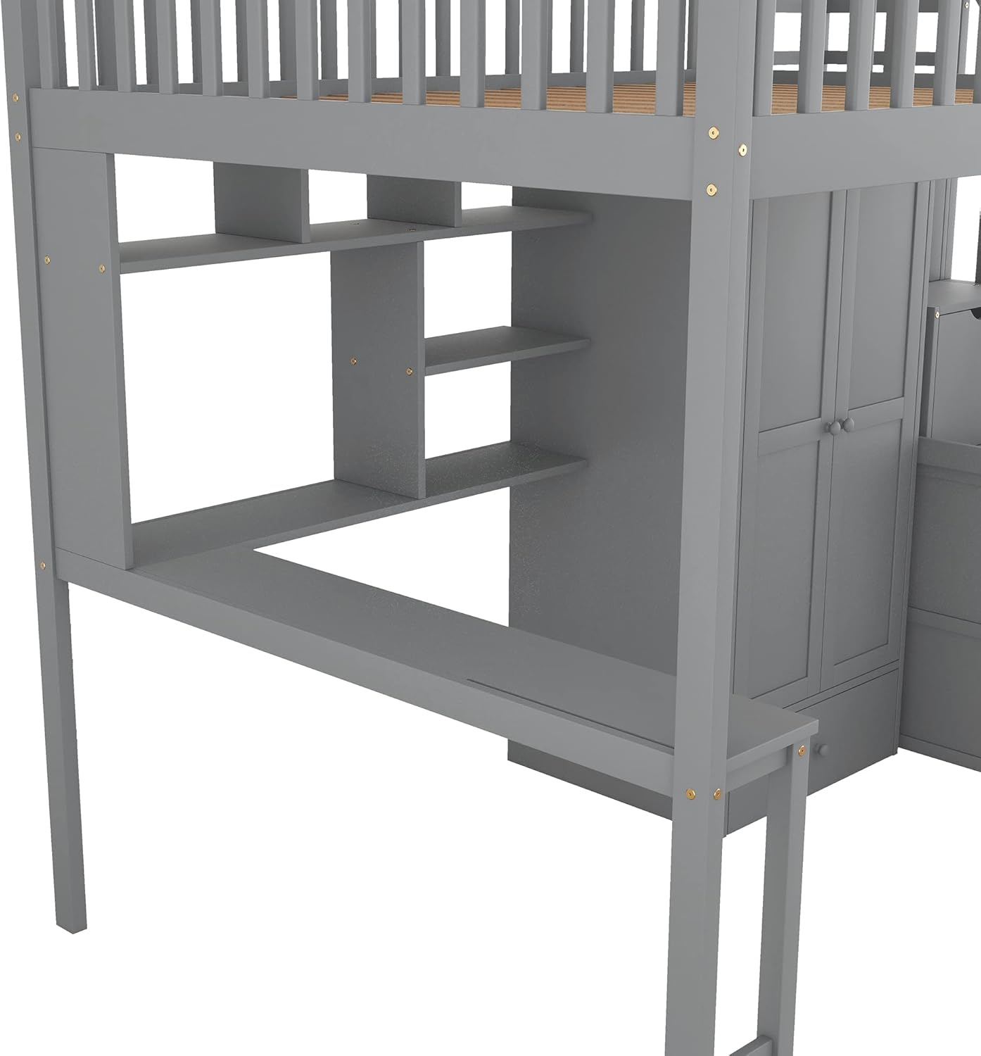 Full Size Loft Bed with Stairs, Desk, Bookshelf, Storage Drawers and Wardrobe, Solid Wood Frame Y463750