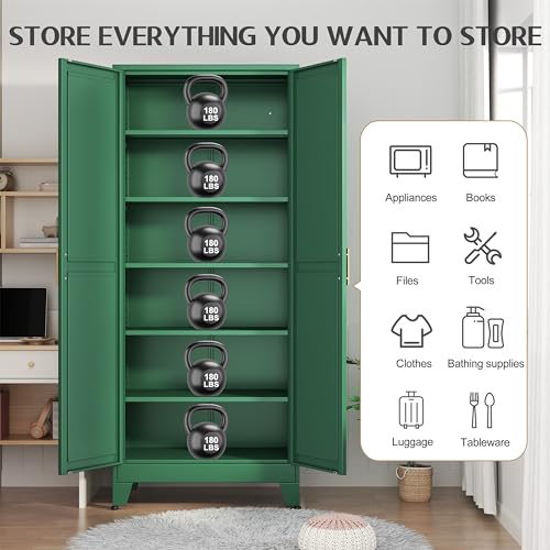 Tall Pantry Cabinet with 2 Doors and 5 Adjustable Shelves, White Metal Q625456