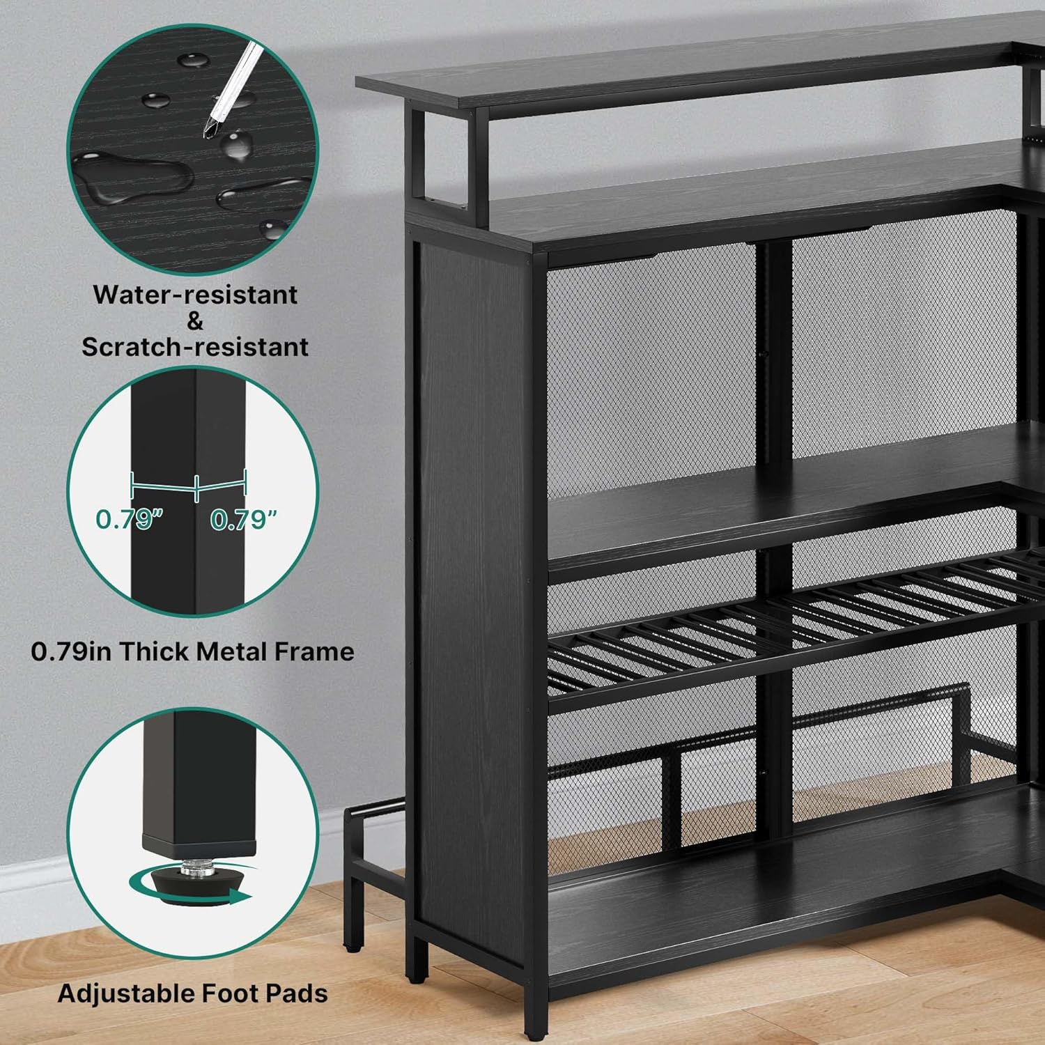 L Shaped Mini Home Bar Unit with Music Sensing LED Light and Wine Rack Y696994