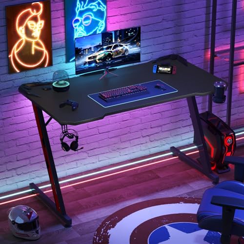 L Shaped Gaming Desk, 51 Inch Corner Computer Table with Monitor Stand, Carbon Fiber Surface, Black C322