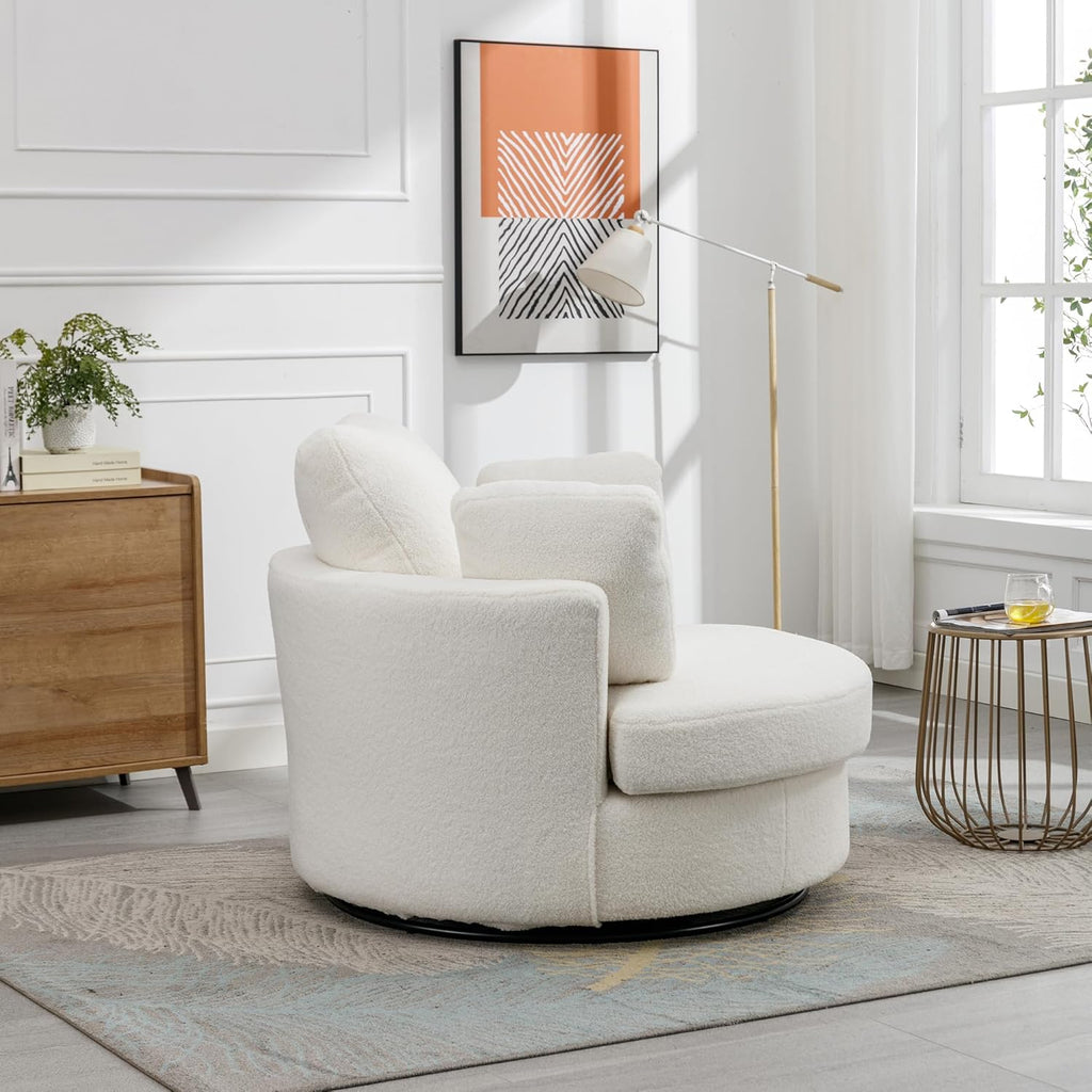 Swivel Accent Barrel Chair with 3 Pillows, Ivory Sherpa U8949