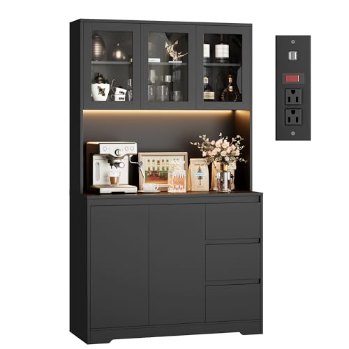 71" Kitchen Pantry Cabinet with LED Lights and Charging Station, Modern Storage and Microwave Stand Q636690