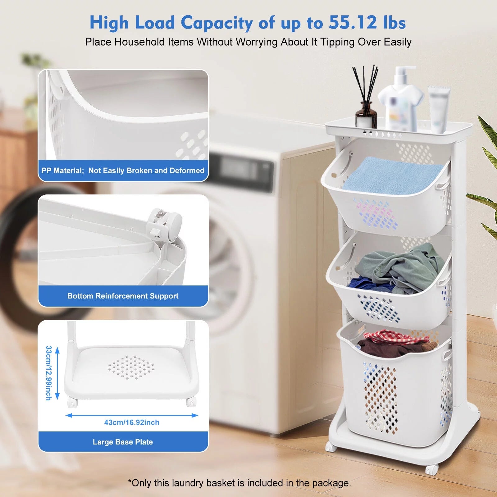 3-Tier Laundry Hamper Sorter with Rolling Cart Z172598