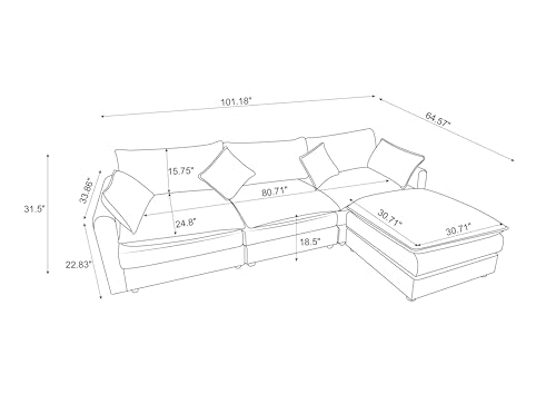 Modular Sectional Sofa with Double Chaises and 4 Pillows, Beige H4063