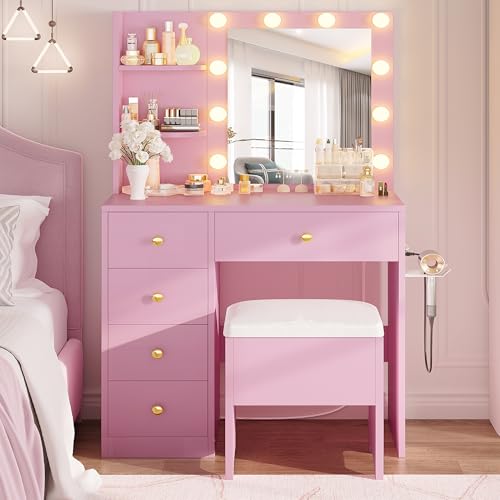 Vanity Desk with Mirror and Lights, 5 Drawers, Power Outlet, Stool C1758