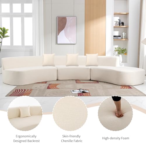 Curved Chenille Sectional Sofa with Three Throw Pillows, Beige G426741