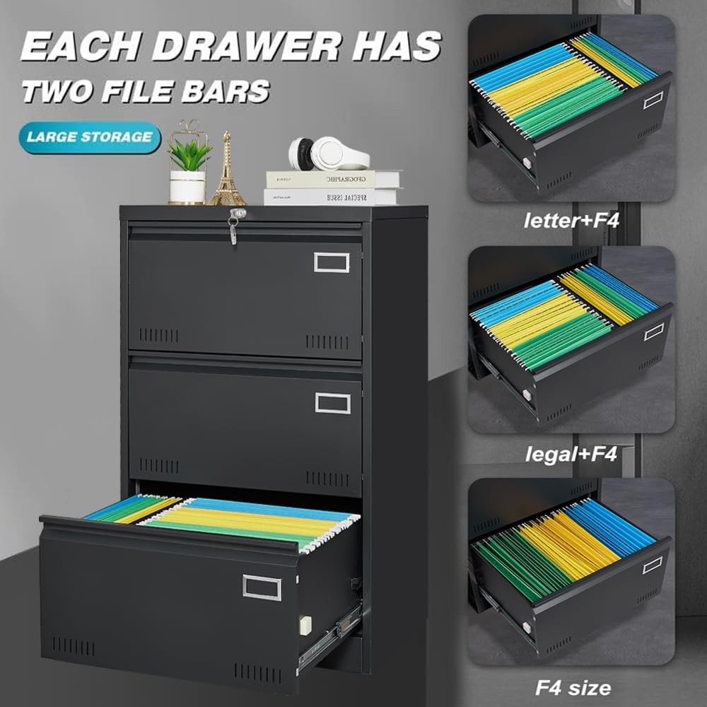 3 Drawer Lateral File Cabinet with Lock for Home Office, Black H9896