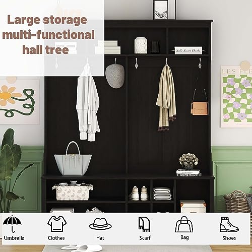 Hall Tree with Storage Bench, 60 Inch Wooden Mudroom Bench E902790