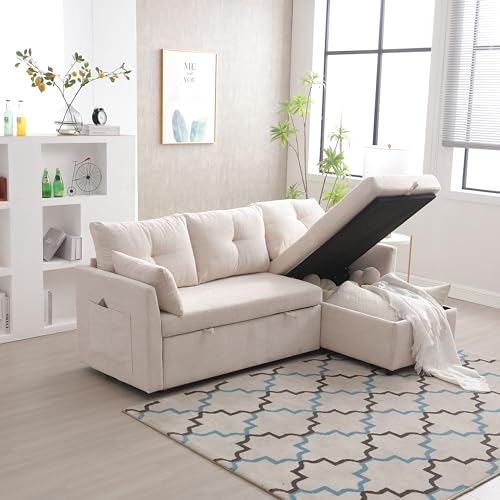 81'' L Shaped Convertible Sleeper Sectional Sofa with Storage Chaise, Modular Corner Couch Lounge Sleeper Sofa with Pull Out Bed, Comfy Couches for Living Room, Bedroom, Brown
