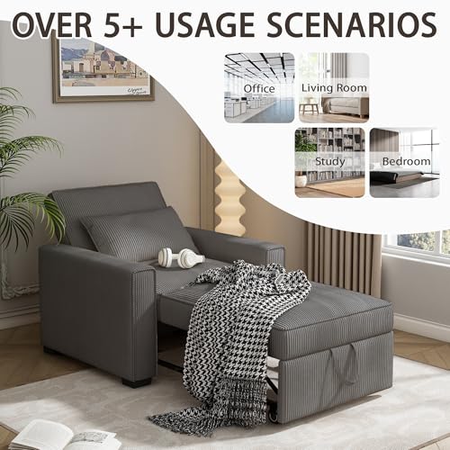 3 in 1 Convertible Sofa Bed with Throw Pillow, Corduroy, Beige N552536