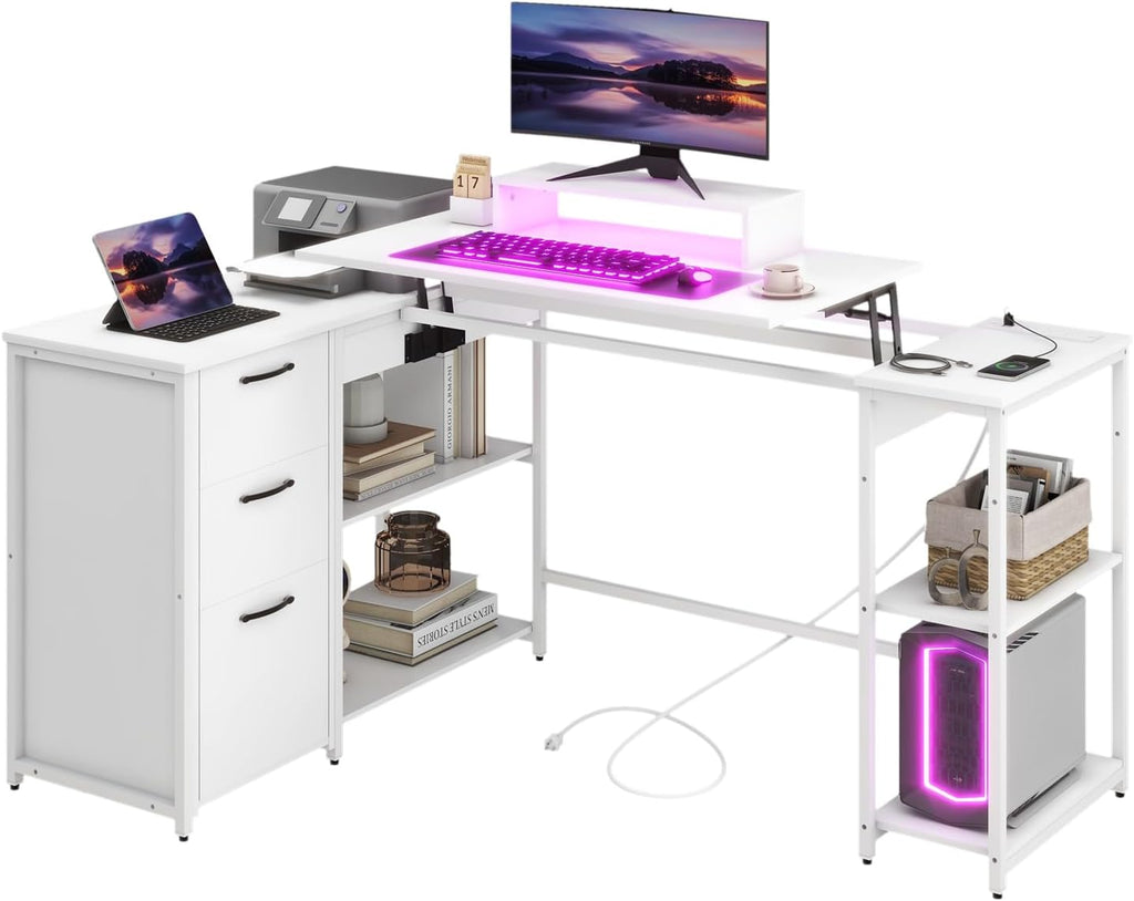 L Shaped Computer Desk with Lift Top, Power Outlets and Drawers Q139572