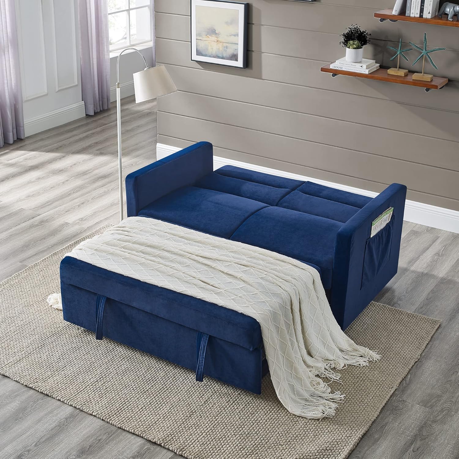 Futon Couch Pull Out Sleep, 2 Seater Convertible Sofa with Adjustable Backrest, Blue Velvet H50307