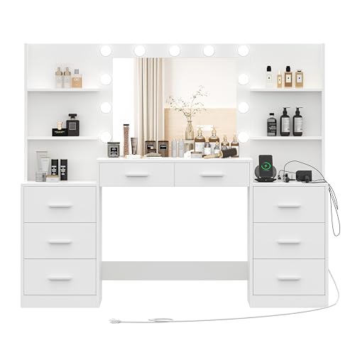 Large Vanity Desk with Mirror and Lights, White Makeup Vanity with Power Outlet, 8 Drawers U4403