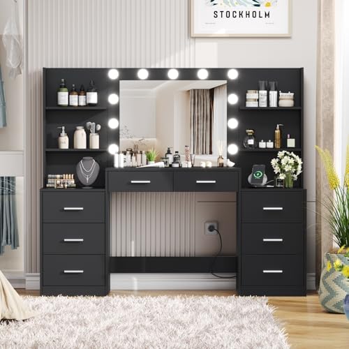 Large Vanity Desk with Mirror and Lights, White Makeup Vanity with Power Outlet, 8 Drawers U4403