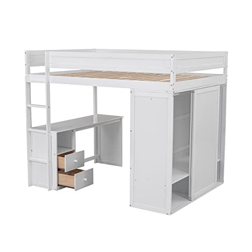 Loft Bed with Storage Wardrobe, Desk and Drawers, White M46168