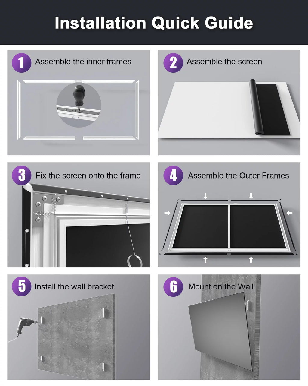 120" 16:9 Fixed Frame Projector Screen, 4K/8K UHD, Wall Mount Matte White F3939