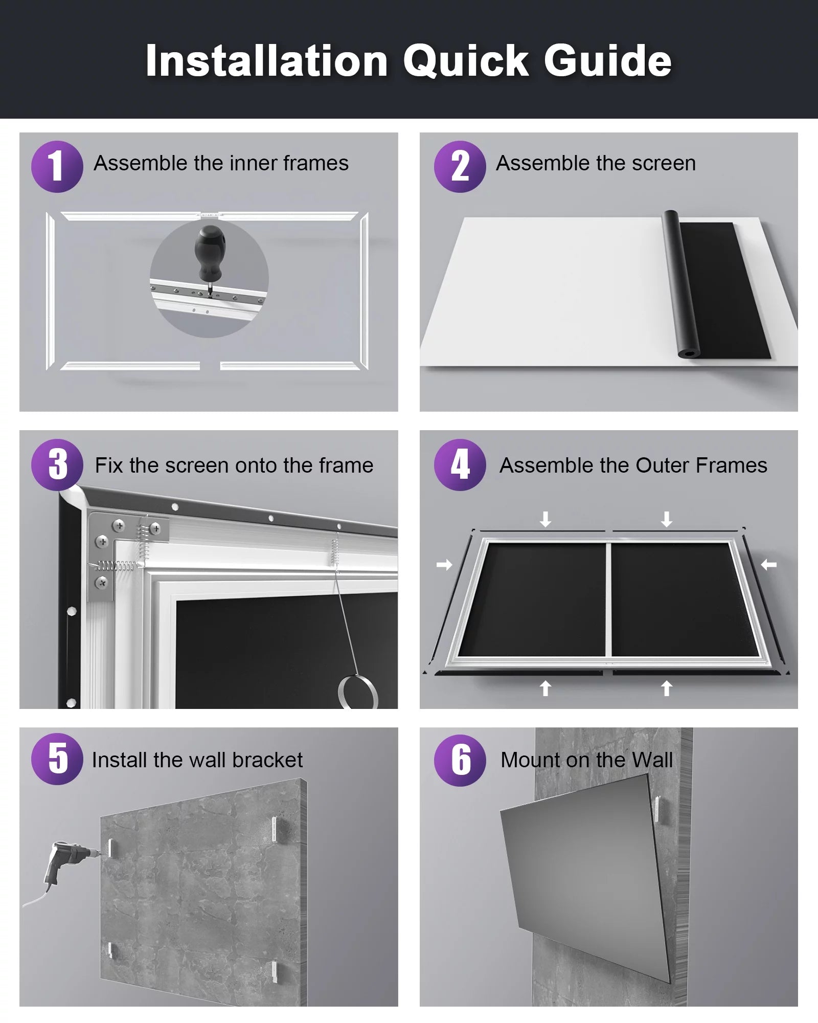 120" 16:9 Fixed Frame Projector Screen, 4K/8K UHD, Wall Mount Matte White F3939