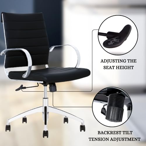 Ribbed Mid Back Conference Chair with Lumbar Support, 360 Swivel, Black, Pack of 8 U198196