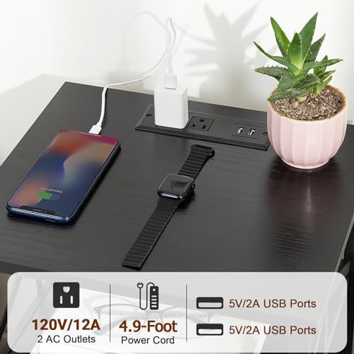 Nightstand Set of 2 with Charging Station, USB Ports and Outlets, Fabric Drawers, Dark Grey W975874