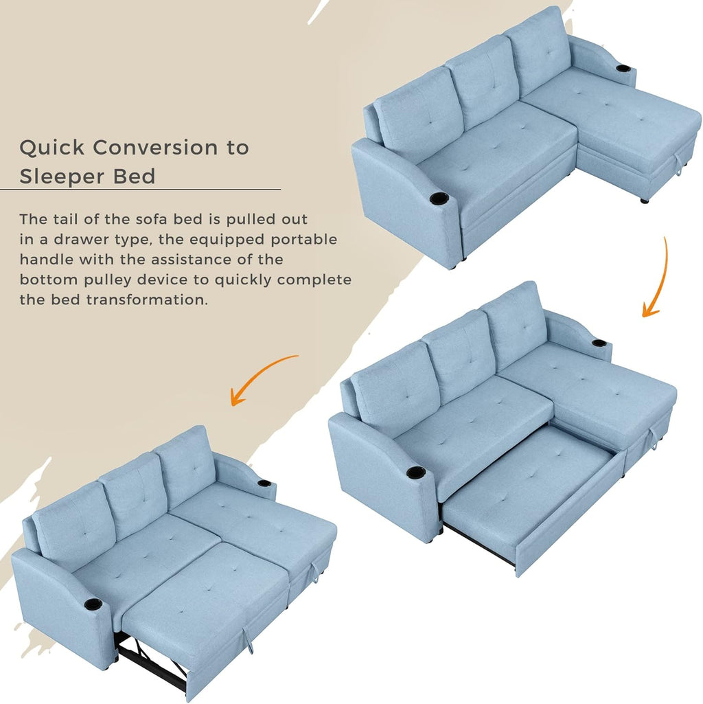 L-Shape Convertible Sleeper Sofa with Pull-Out Bed and Storage Chaise, Blue O64215