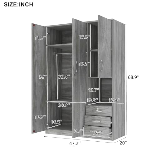 Wooden Wardrobe Closet Organizer with Drawers, Hanging Rail and Shelves, 3 Doors, Grey K181254