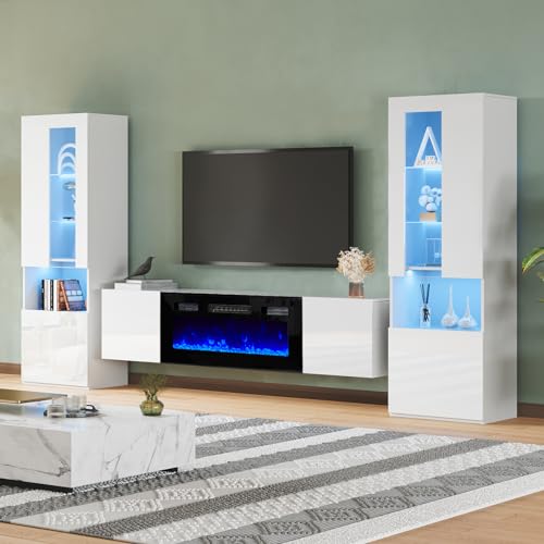 High Gloss TV Stand with Electric Fireplace and Glass Door Bookcases P6943