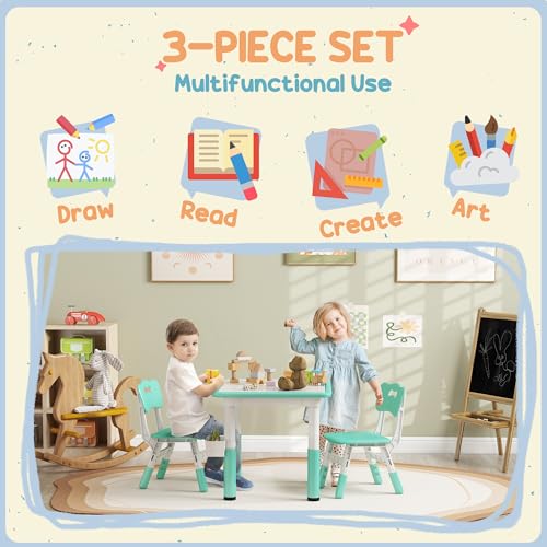 Kids Table and Chairs Set, Height Adjustable Toddler Furniture with Storage, Green J4290