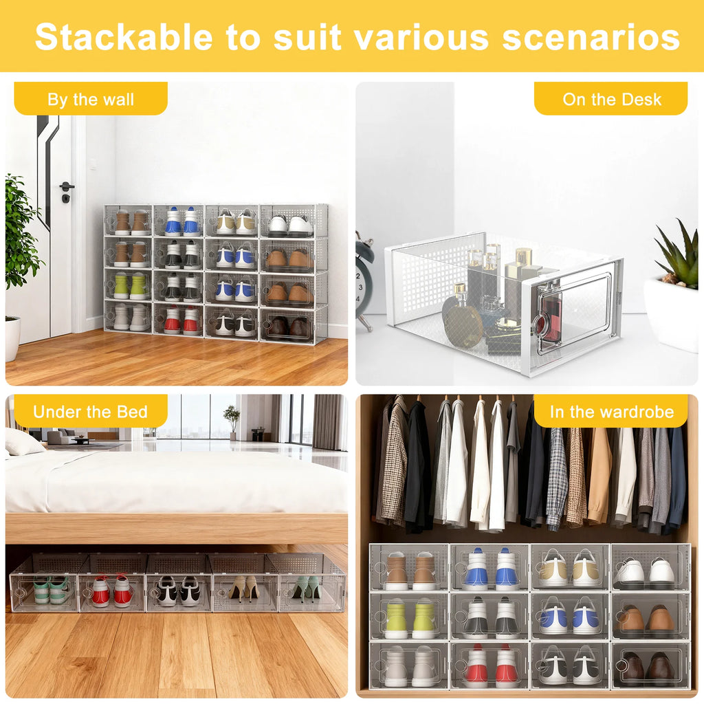 Stackable Plastic Shoe Storage Box, 12 Pack, Black F98416