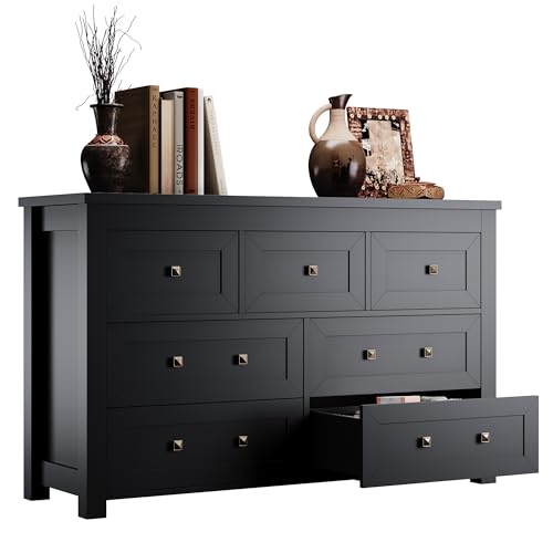 7 Drawer Dresser for Bedroom, Farmhouse Wood Chest of Drawers, Wide TV Stand Closet Storage Furniture with Metal Handle, Modern Wooden Clothes Organizer for Hallway, Living Room, Entryway, Black