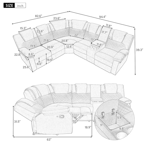 L-Shaped Sectional Sofa with Reclining Seats, LED Light and Storage H139511