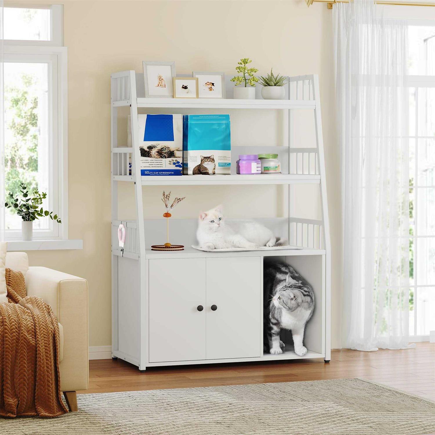 Cat Litter Box Enclosure with Storage Shelves Indoor Wooden Hidden Cabinet D8505