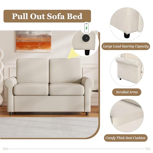 Pull Out Sofa Bed with Twin Mattress Pad for Living Room, Beige S87451