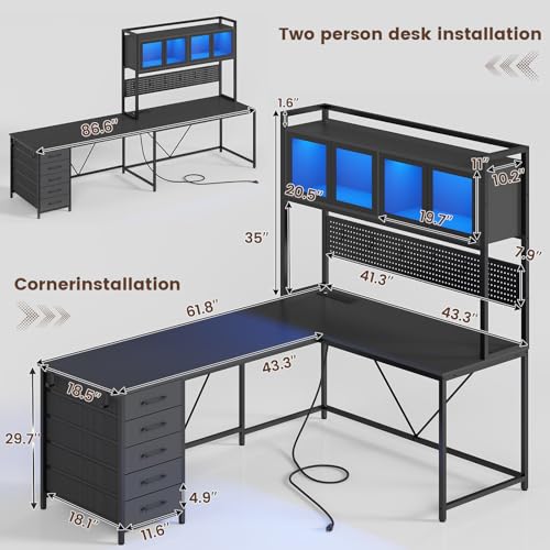 L Shaped Gaming Desk with Drawers and Storage Shelves J4846