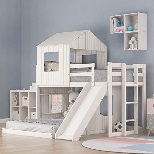 Twin Over Full Bunk Beds with Slide, Roof and Guard Rail, Wooden, White N48341