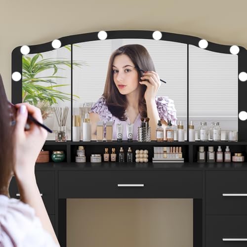 Vanity Desk with Lighted Mirror, 7 Drawers, 3 Lighting Colors, White X572