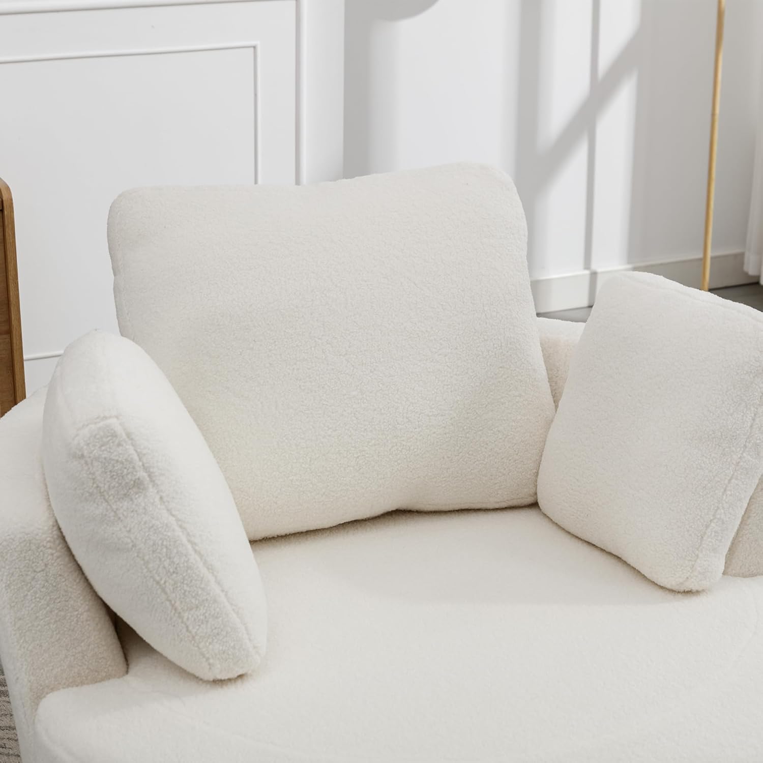 Swivel Accent Barrel Chair with 3 Pillows, Ivory Sherpa U8949