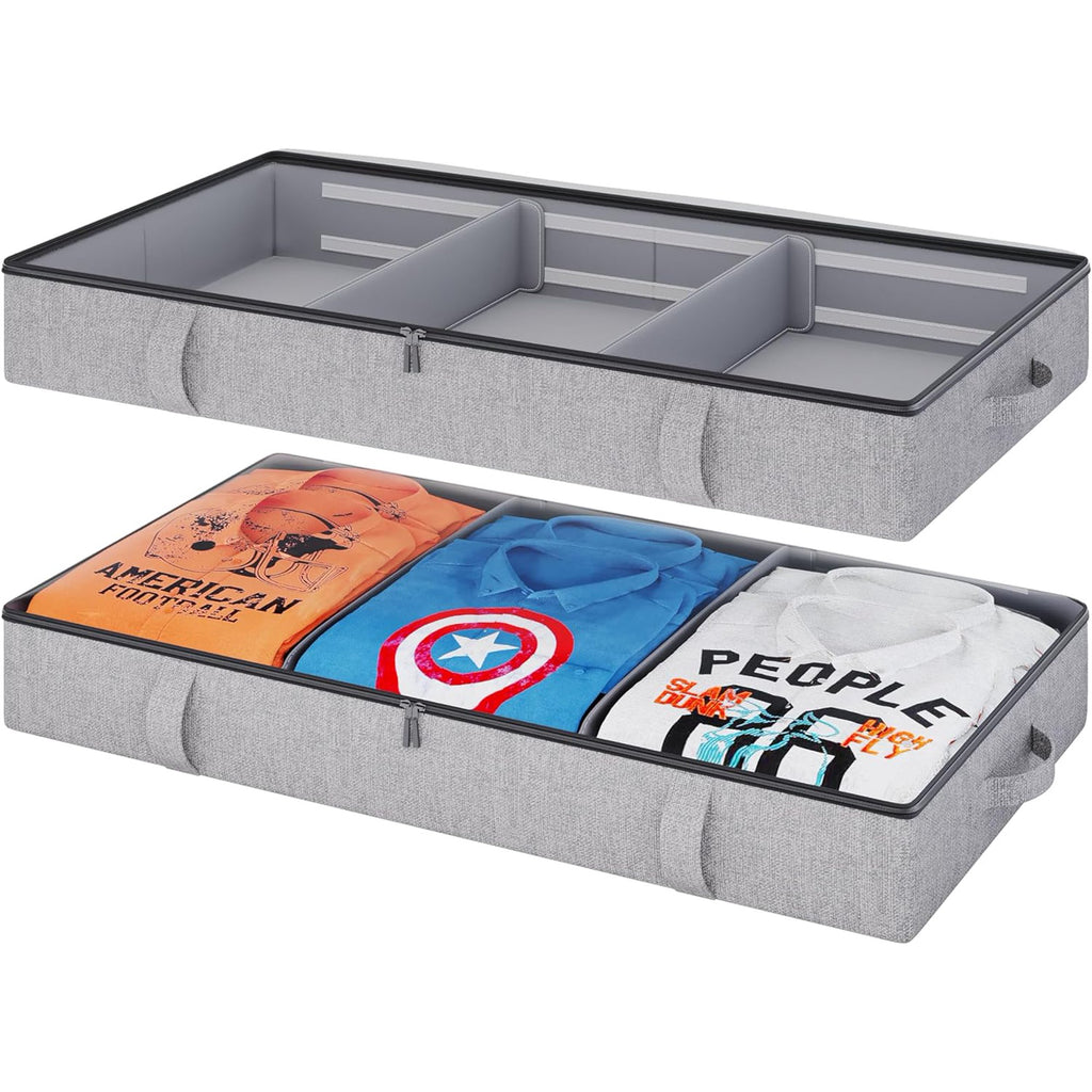 Under Bed Storage, 2 Pack Under Bed Storage Containers with Dividers, Firm Sides, Strong Zipper, 3 Reinforced Handles, 6 Inches Low Profile Underbed Storage Bins for Clothes, Blankets, Grey