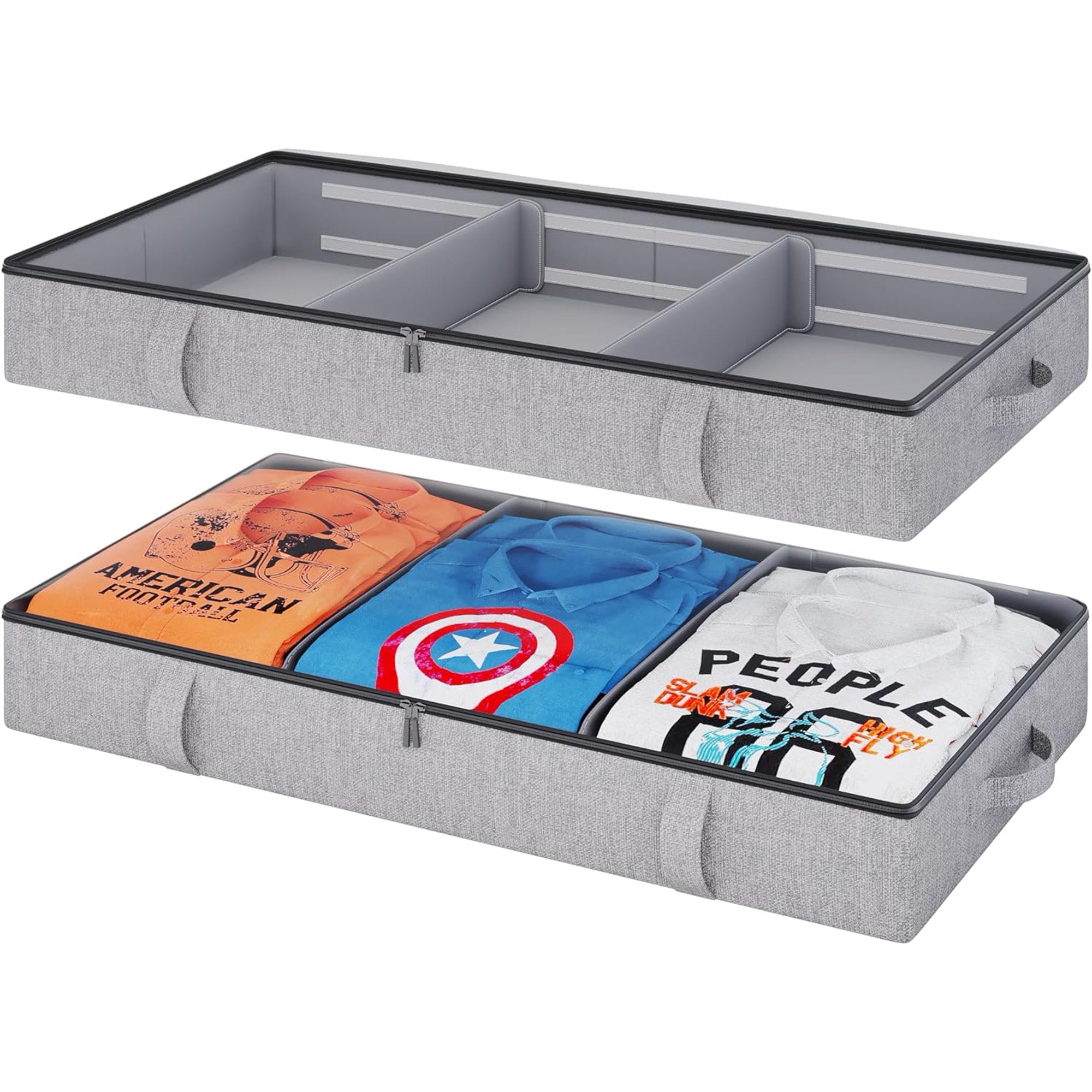 Under Bed Storage, 2 Pack Under Bed Storage Containers with Dividers, Firm Sides, Strong Zipper, 3 Reinforced Handles, 6 Inches Low Profile Underbed Storage Bins for Clothes, Blankets, Grey