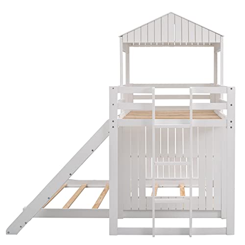 Twin Over Full Bunk Beds with Slide, Roof and Guard Rail, Wooden, White N48341