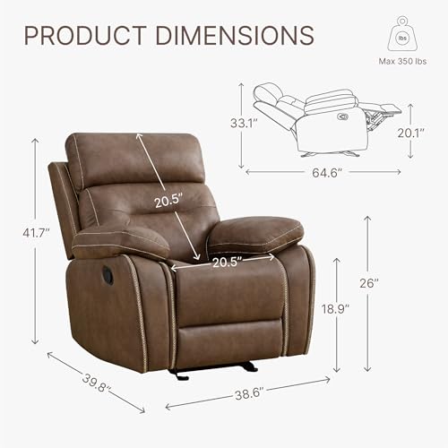 Leather Recliner Chair with Overstuffed Arm, Brown O410055