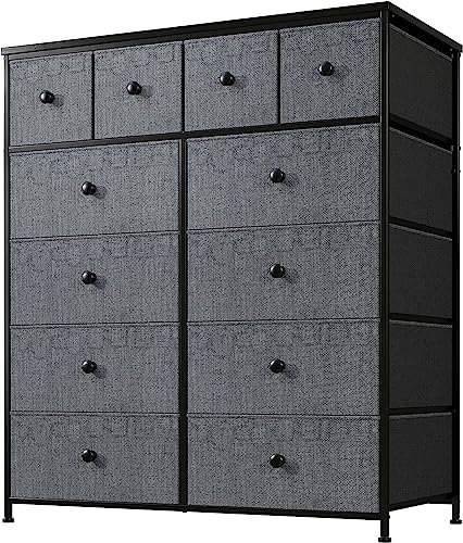 EnHomee 12 Drawer Dresser, Fabric Storage Tower for Bedroom, Hallway, Entryway, Closet, Tall Chest Organizer Unit with Fabric Bins, Metal Frame, Wood Top, Easy Pull Handle, Light Grey
