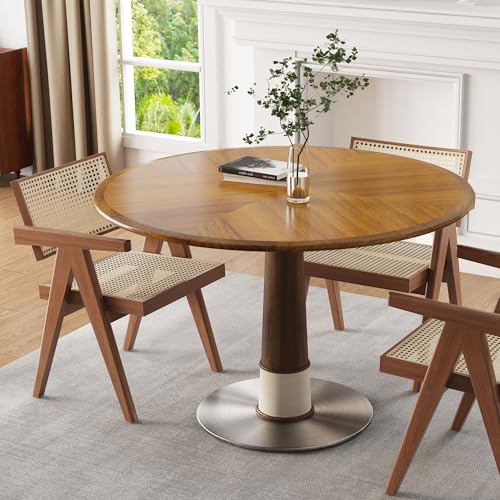 Modern Round Wooden Dining Table - Round Dining Table for 4 to 6 People - Solid Wood Legs, Metal Base - Round Kitchen Table for Dining Room Table - Easy Assembly，Walnut ，43.3"