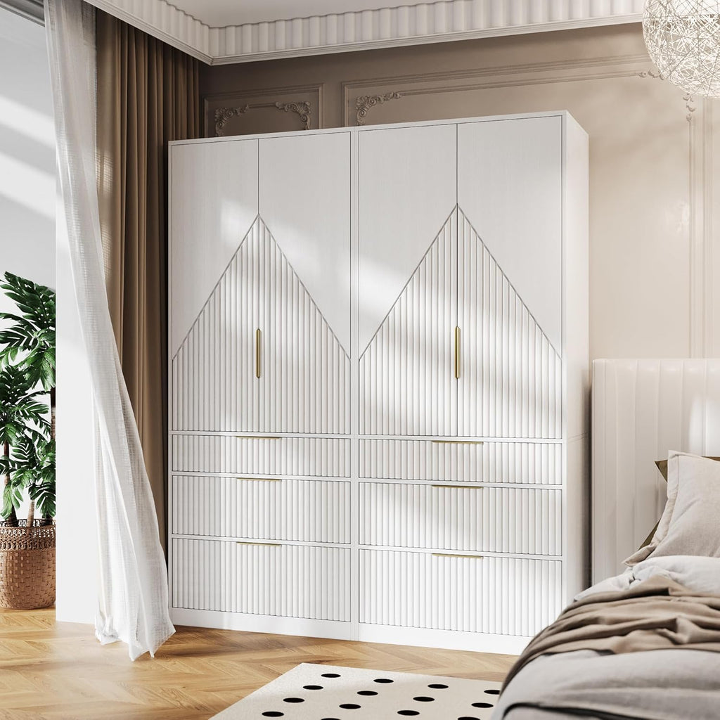 Wooden Wardrobe Armoire with 2 Doors and 3 Drawers, White N102552