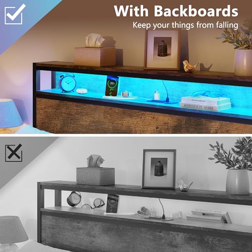 Vintage Brown Bed Frame with LED Light and Charging Station H930800
