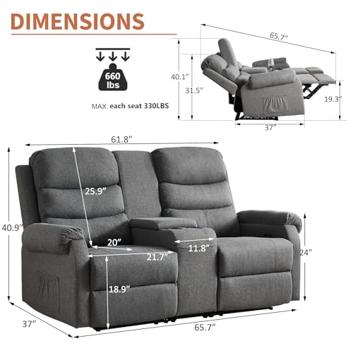 Reclining Loveseat Sofa with Storage Console and Cup Holders, Grey A7569