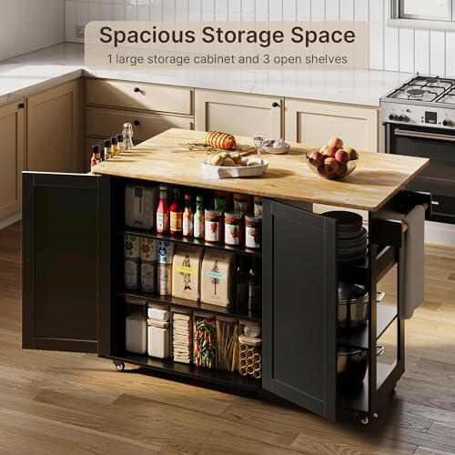 Rolling Kitchen Island with Drop Leaf, Wood Countertop, Storage Cabinet, White Q36361