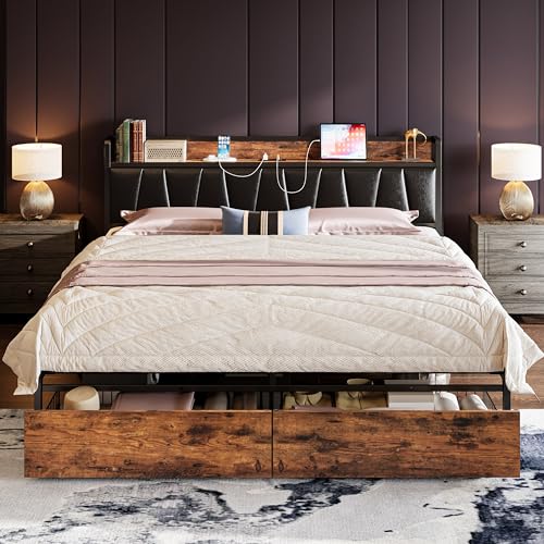 LIKIMIO Full Size Bed Frame, Storage Headboard with Charging Station, Platform Bed with Drawers, No Box Spring Needed, Easy Assembly, Vintage Brown and Black